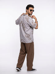 Beige Floral Print Pure Cotton Cuban Collar Oversized Men's Shirt