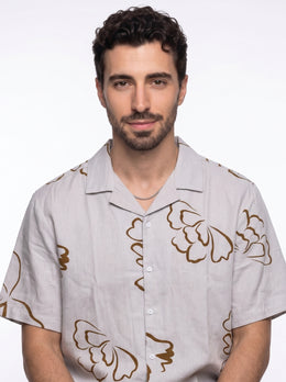 Beige Floral Print Pure Cotton Cuban Collar Oversized Men's Shirt