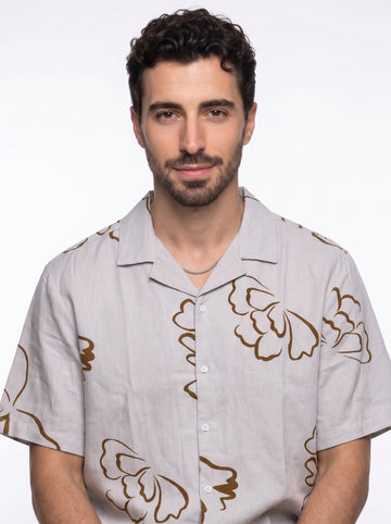 Beige Floral Print Pure Cotton Cuban Collar Oversized Men's Shirt