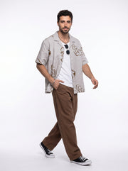 Beige Floral Print Pure Cotton Cuban Collar Oversized Men's Shirt
