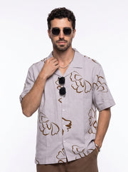Beige Floral Print Pure Cotton Cuban Collar Oversized Men's Shirt